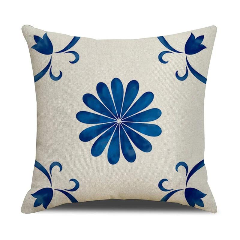 Chinese retro style blue and white ceramic printed fabric linen cotton throw pillow wrapped sofa home decoration pillow