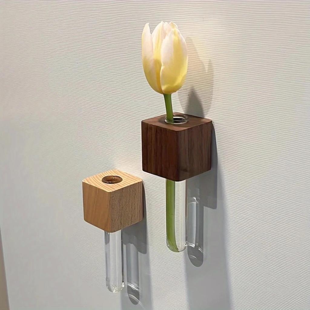 New Solid Wood Magnetic Vase for Refrigerator Decoration Stylish French Design Refrigerator Magnet Fresh Flowers Home Decoration