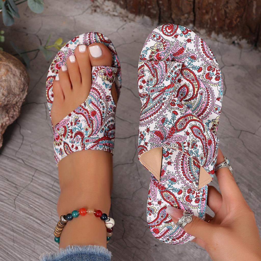 Fashion Large size national style flat set toe slippers female 2025 fashion new breathable printed Roman style foreign trade slippers
