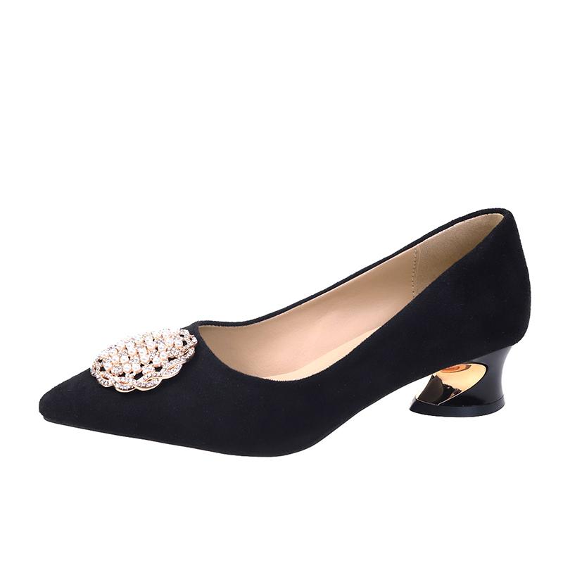 

Fashion 2025Womens Pumps Solid Pointed Toe Suede Chunky Low Heels Rhinestone Decoration Party Shoes Gladiator 35