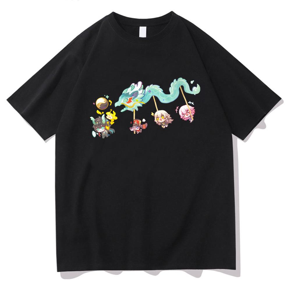 Imbibitor Lunae & Friends Dragon Dance Cotton T-shirt Honkai Star Rail Game Tees Adorable Q-version Cartoon Tops Unisex Clothing