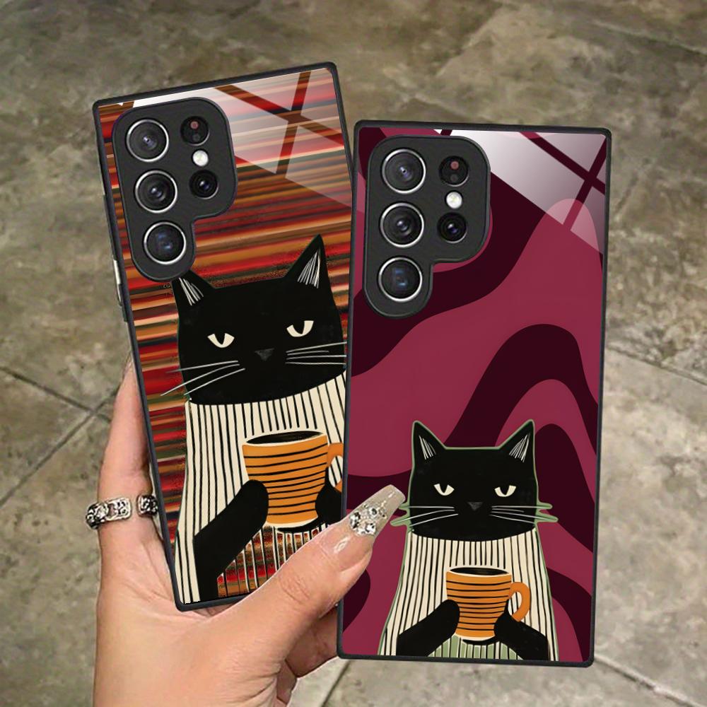 Cute Coffee Cat Glass Mobile Phone Case for Samsung Galaxy S26 S25 S24 S23 S22 S21 S20 Note20 Plus FE Ultra Colorful Cover