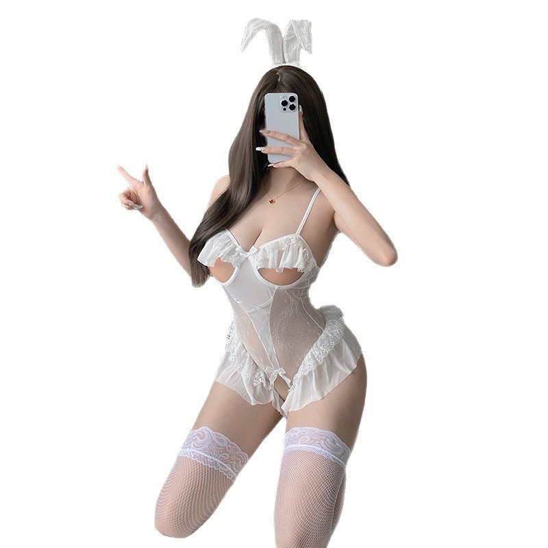 Women's Suspender Hollowed Out Bodysuit See-through Bunny Girl Cosplay Lace Jumpsuit Rabbit Ear Girl Temptation Tight Clothes