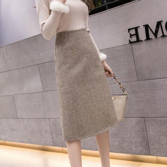 Women's High Waist Houndstooth Wool Pencil Skirt - Plus Size, Mid-Length, Over-the-Knee for Autumn and Winter