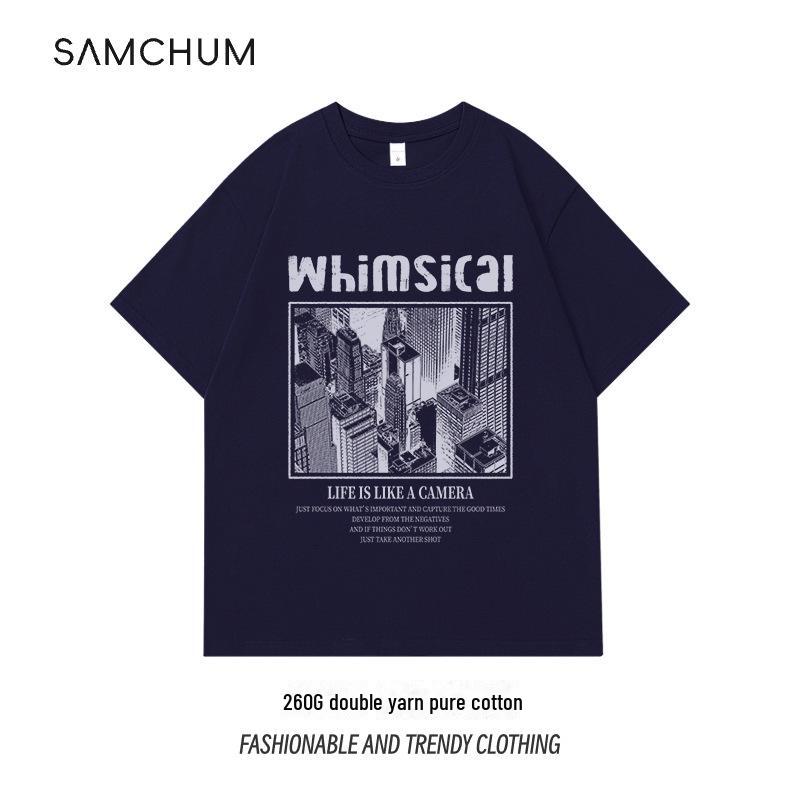 

Мужская футболка с круглым вырезом и коротким рукавом из хлопка плотностью 260 г, двойная пряжа - оригинальный американский уличный повседневный дизайн