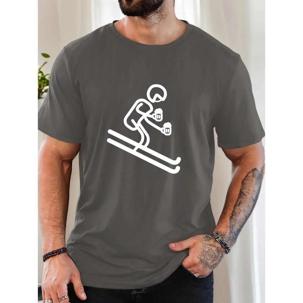Male Skier Holding Beer Pattern Summer Casual Crew Neck Short T-shirt