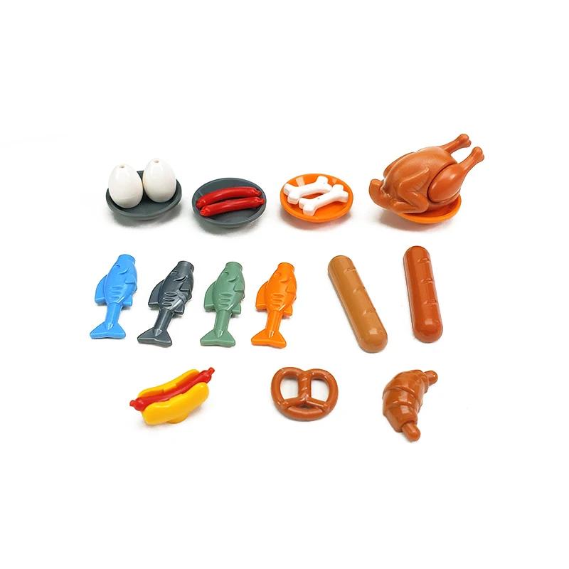 Food Brick Playset City Series Friend Accessory Parts Bread Chips Roast Chicken Pizza Hot Dog Fish Fruit Carrot Basket Classic DIY Block Bricks