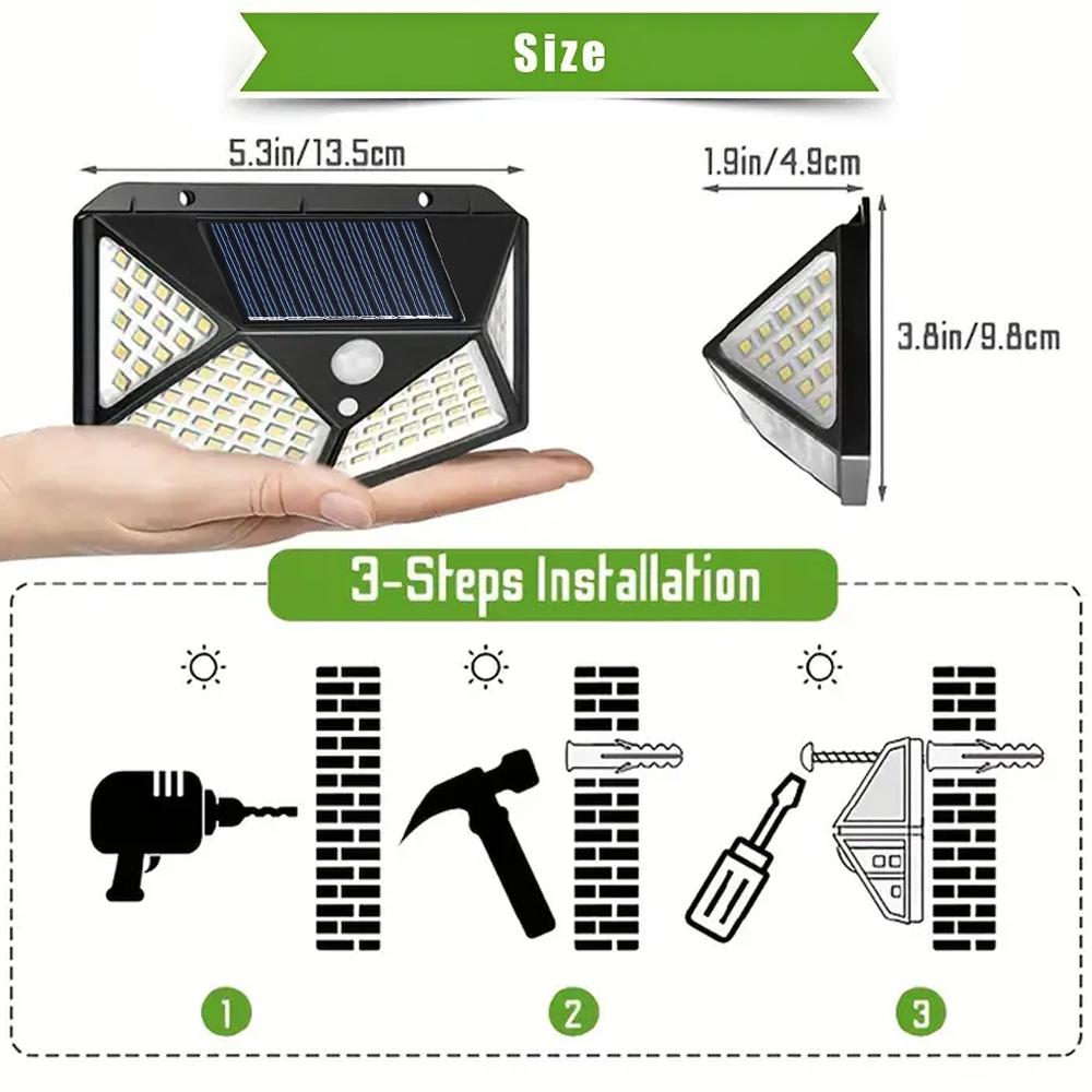 1Pc 100LED Solar Powered Sunlight Street Light Wall Lights Outdoor Solar Lamp PIR Motion Sensor for Garden Courtyard Decoration