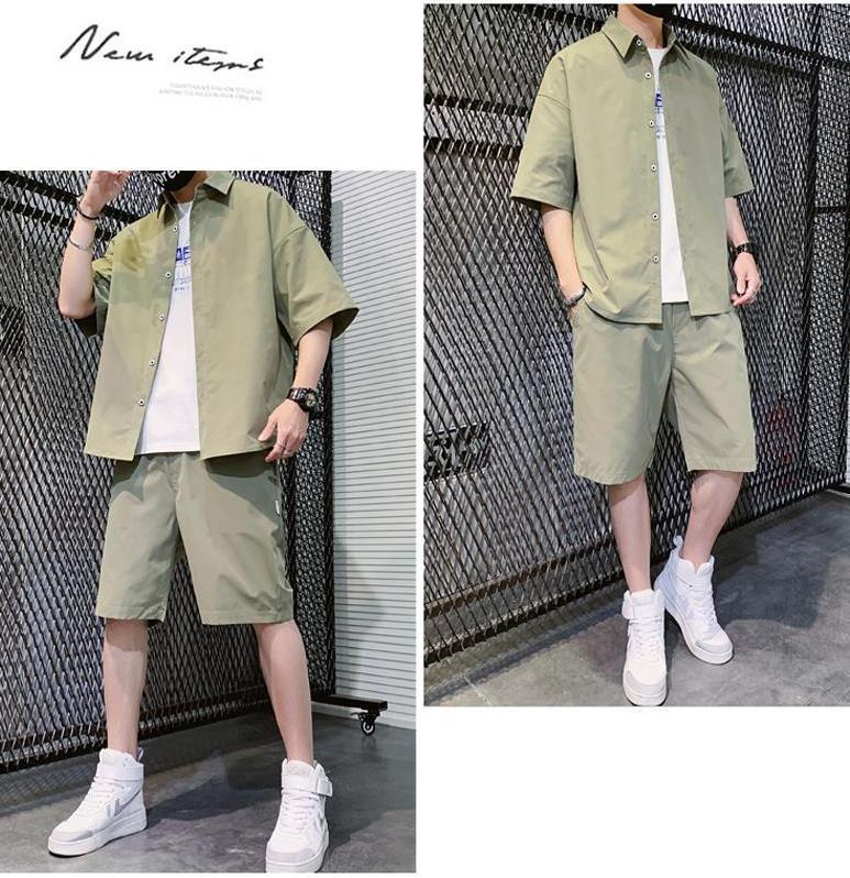 Camicie da uomo Set Camicia estiva a maniche corte tinta unita e pantaloncini da spiaggia Set sportivo da 2 pezzi