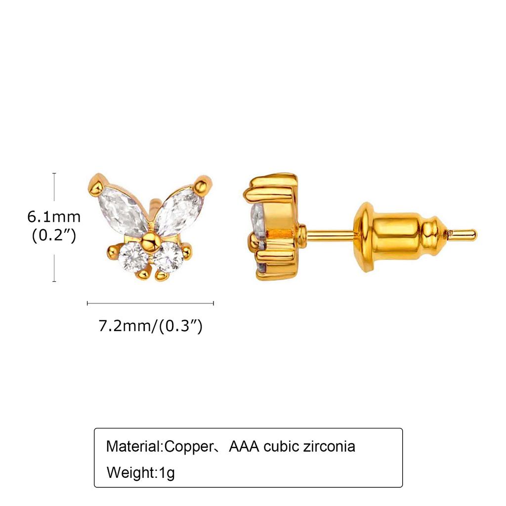 Small Butterfly Stud Earring Cubic Zirconia Gold Plated CZ Jewelry for Women Girls