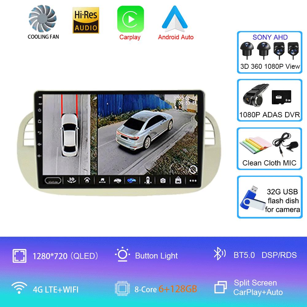 Car Radio Android 14 For Fiat 500 Navigation GPS Multimedia Player Stereo 5GWiF+4G SIM BT Wireless Auto Carplay 360 Camera 2 DIN