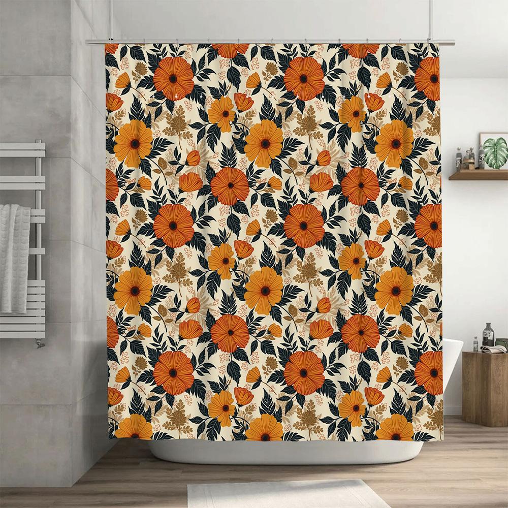 Modern Floral Shower Curtain Orange Flowers Green Leaves Decorative Bathroom Liner For Kids Bathrooms 72 X 39 (180Cm X 99Cm) [Bl