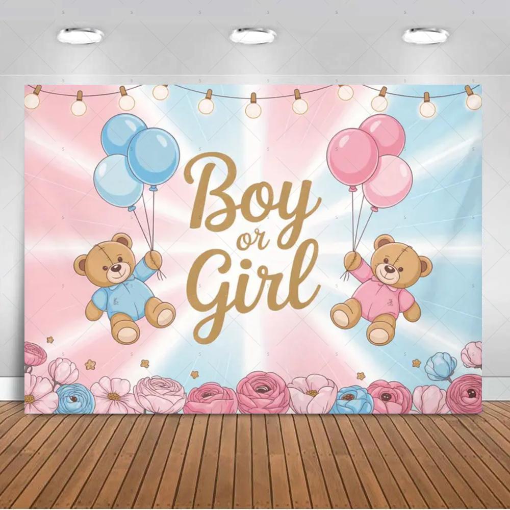 The genre Reveal theme backdrop baby party decorations supplies pink blue bear gift banner newborn shower photography4873