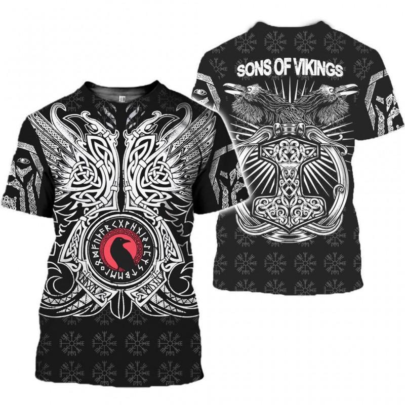 Mens Viking Print T-Shirt 3D Digital Short Sleeve Casual Loose Fit Tee