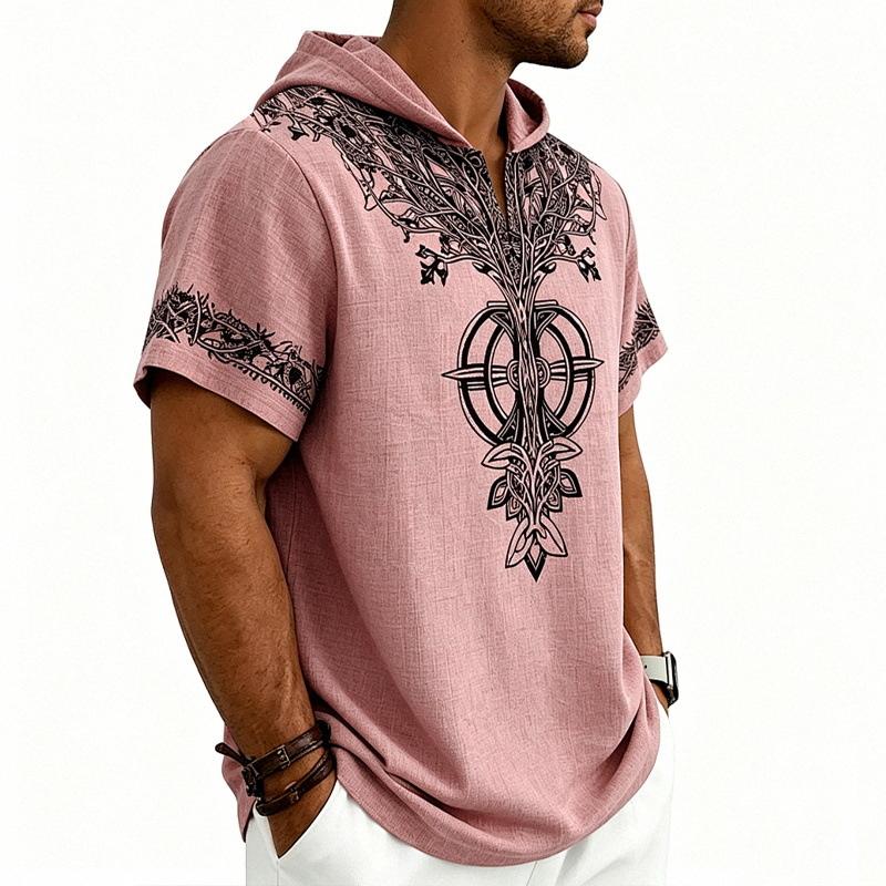 Men Loose Hooded Faith Rune Print Short Sleeve Casual T Shirt