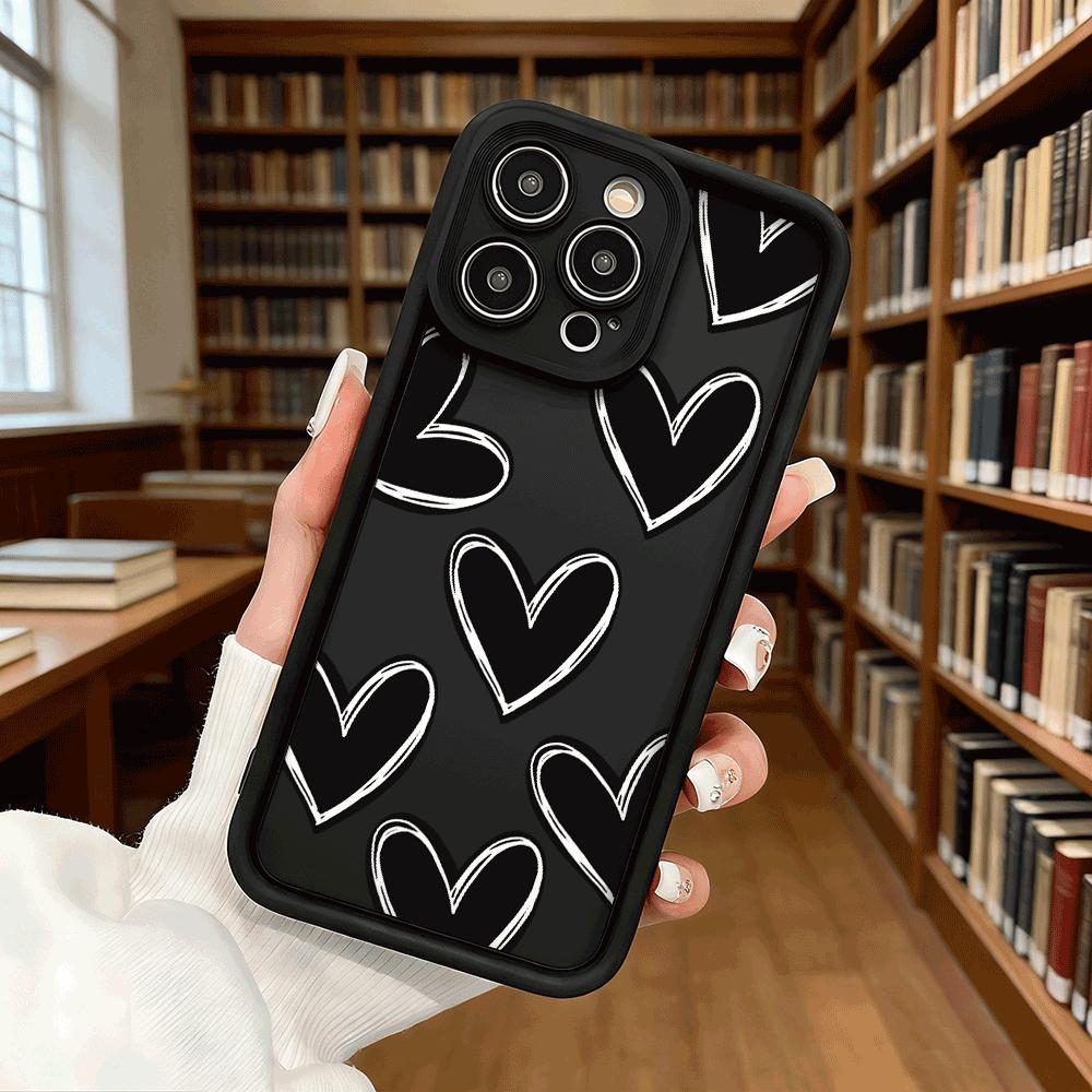 Black Brushstroke Hearts Soft TPU Phone Case for iPhone 17 16 15 14 13 12 11 Pro Max Plus Shockproof Anti-Slip Cover
