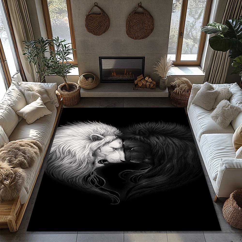 Lion Couple Print Area Rug, Black White Carpet for Living Room,Soft Non-Slip Mat with Tribal Pattern,Nature Inspired Decor