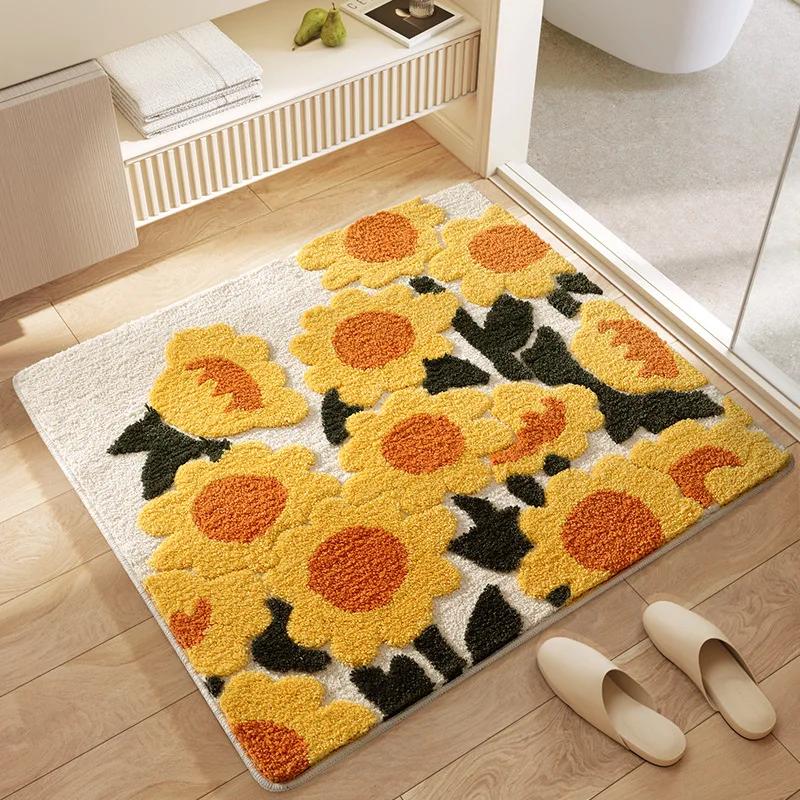 Fresh Floral Square Bath Mat, Highly Absorbent Floor Mat, High Weight Flocking, Thickened Foot Mat, Non-slip Mats Rug Carpet