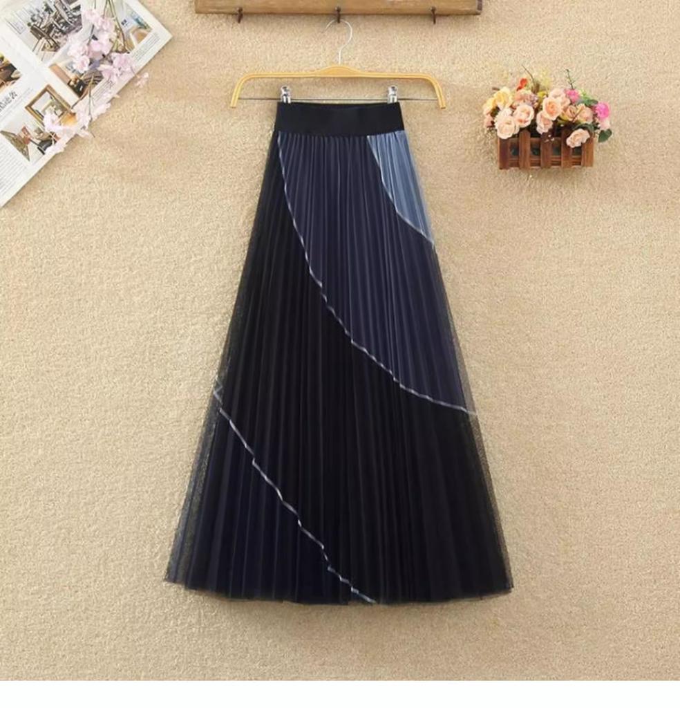 Summer Women Elegant Contrast Color Elastic Waist Mesh Tulle Long Midi Pleated Skirt