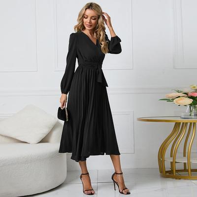 Women's High Waist Dresses V Neck Long Sleeve Tie Solid Colour Pleated Dresses