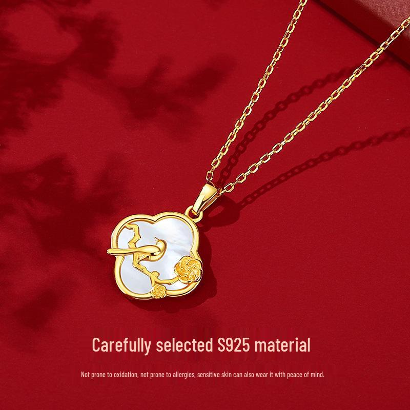 Ticia S925 Sterling Silver Joyful Eyebrows Necklace - Retro Chinese Style Shell Four-Leaf Clover Clavicle Chain for Women.