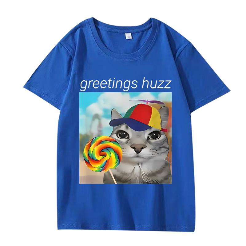 

Casual Crew Neck T-Shirt with Greetings Huzz Print T Shirt Men Women Oversized 100% Cotton Short Sleeve Summer Unisex Tops 4XL