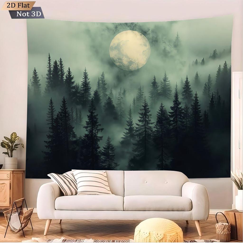 1pc Chinese Style Green Forest Printed Tapestry Living Room Wall Art Decoration Background Cloth Machine Washable Space Pendant