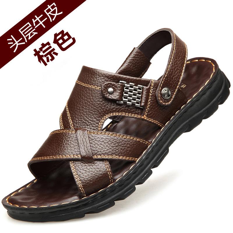 

Мужские летние сандалии, новые кожаные повседневные пляжные шлепанцы, мягкая резиновая подошва, верхний слой из коровьей кожи, модная трендовая обувь 44 коричневый