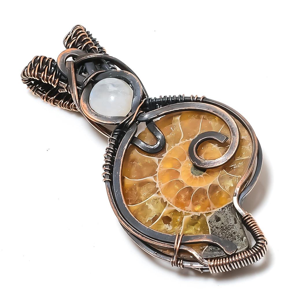 Ammonite Fossil 999 Copper Wire Wrapped Pendant, Handmade Gemstone Jewelry Pendant For Memorial Day