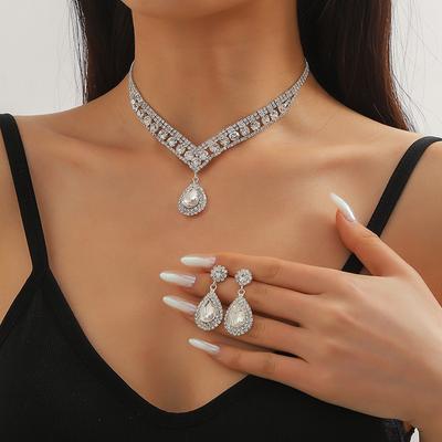 Explosive Heavy Industry Shiny Rhinestone Fringed Necklace Earring Set Bridal Jewelry