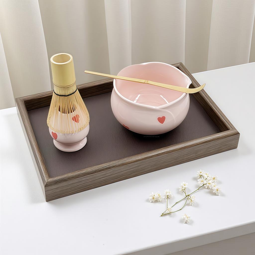 5/6pcs Pink Heart Decal Ceramic Matcha Set, Cute Matcha Set Includes Matcha Bowl, Matcha Whisk and Holder, Bamboo Scoop, Sifter