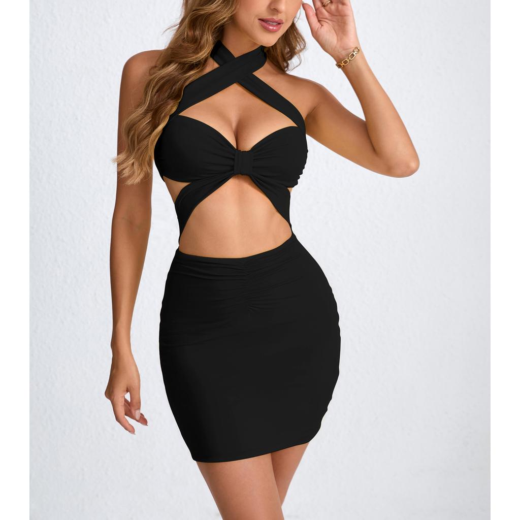 Updated Womens Short Skirt Summer Hollow Neck and Hip-pack Sexy Dress