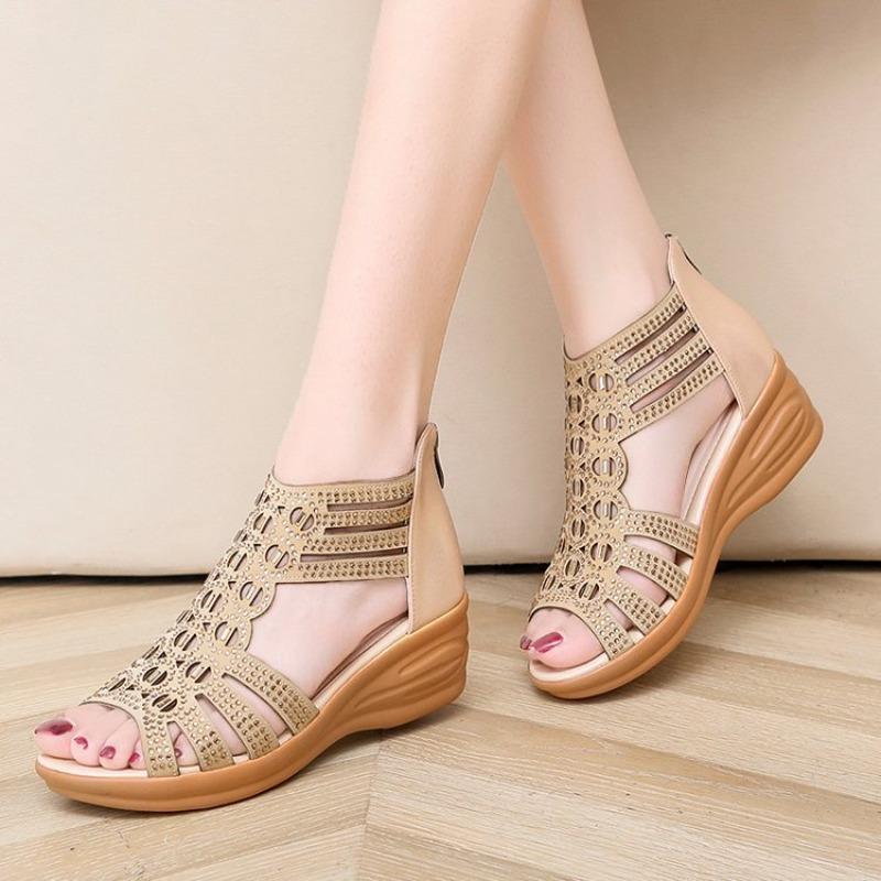 thick-soled slope heel sandals women's summer new hollow rhinestone lightweight muffin fish mouth sandals large size