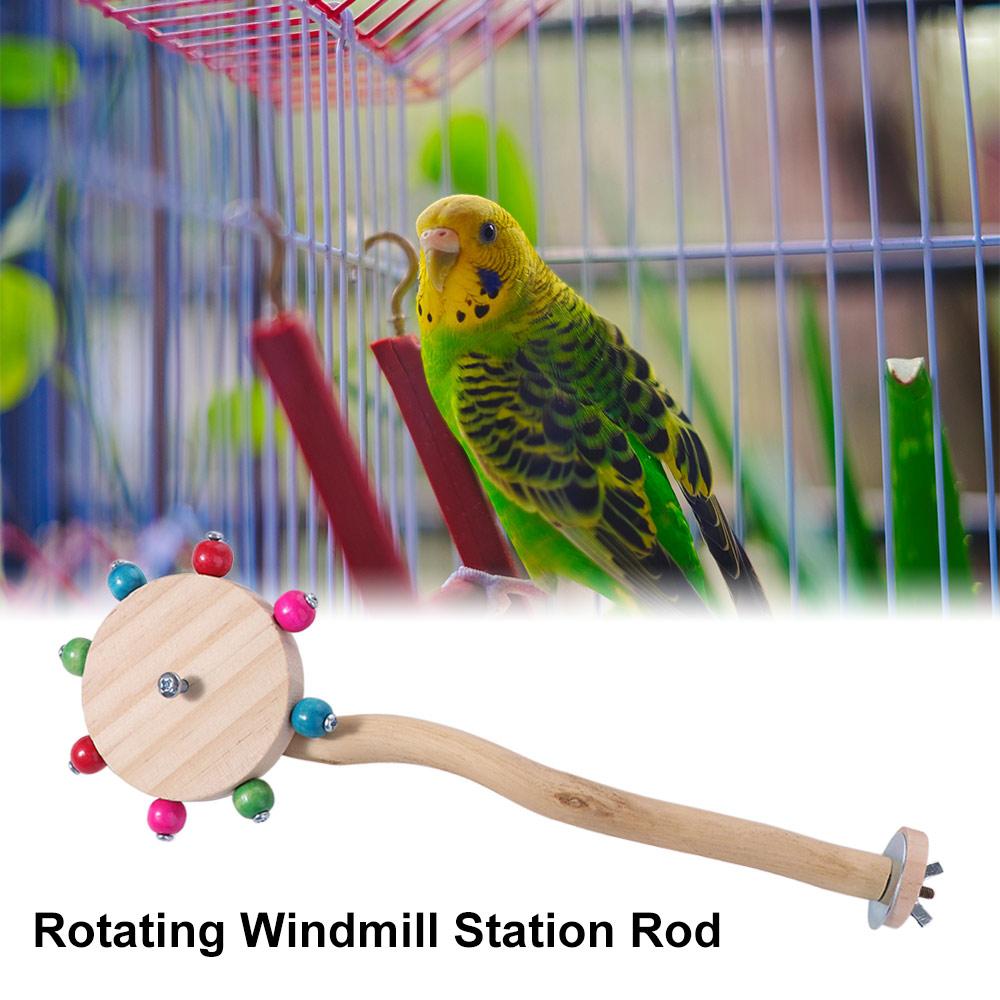 Natural Wooden Parrot Rotating Windmill Station Rod Colorful Birds Standing Perch Toy  Budgies