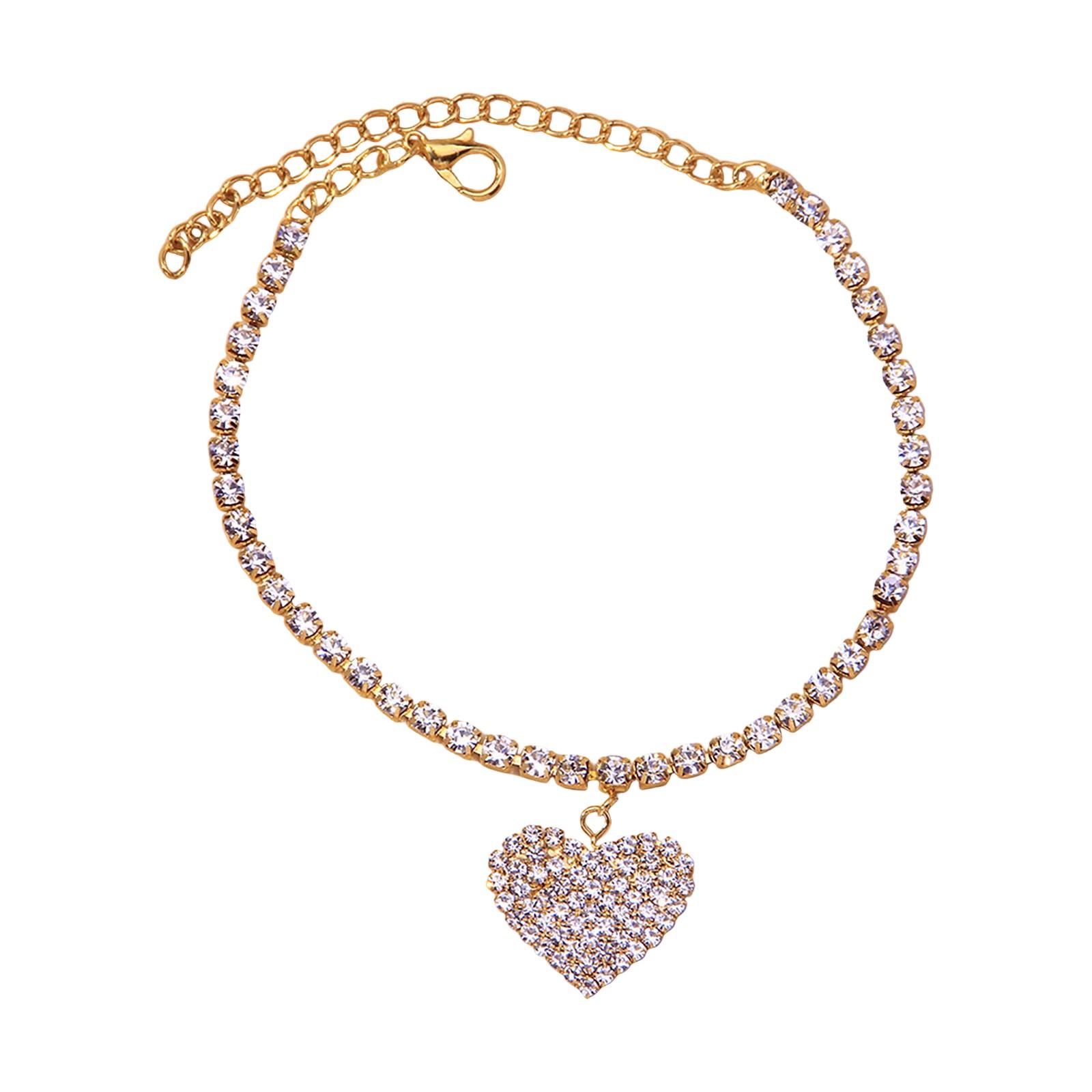 

Браслет на щиколотку в форме сердца со стразами, экзотическое универсальное ювелирное изделие, индивидуальный браслет на щиколотку в форме сердца с бриллиантами One Size золотой