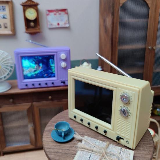 Mini TV Real Video Playback Mini Working TV for Doll Houses 1/12 Scale with Rotatable Antenna USB Rechargeable Battery Miniature Furniture Toy Gift