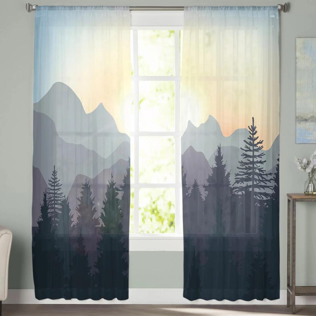 Mountain Pine Woods Sun Tulle Curtains For Bedroom Modern Voile Curtains Home Decoration Window Curtains