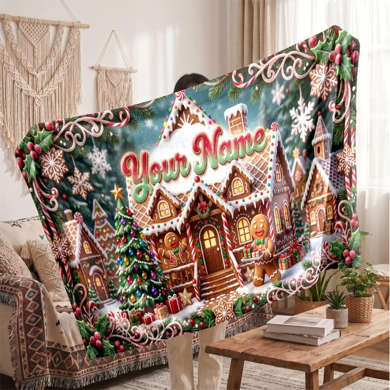 Christmas Custom Name Printed Flannel Blanket Warm Comfort Bed Throw Home Decor Holiday Gift