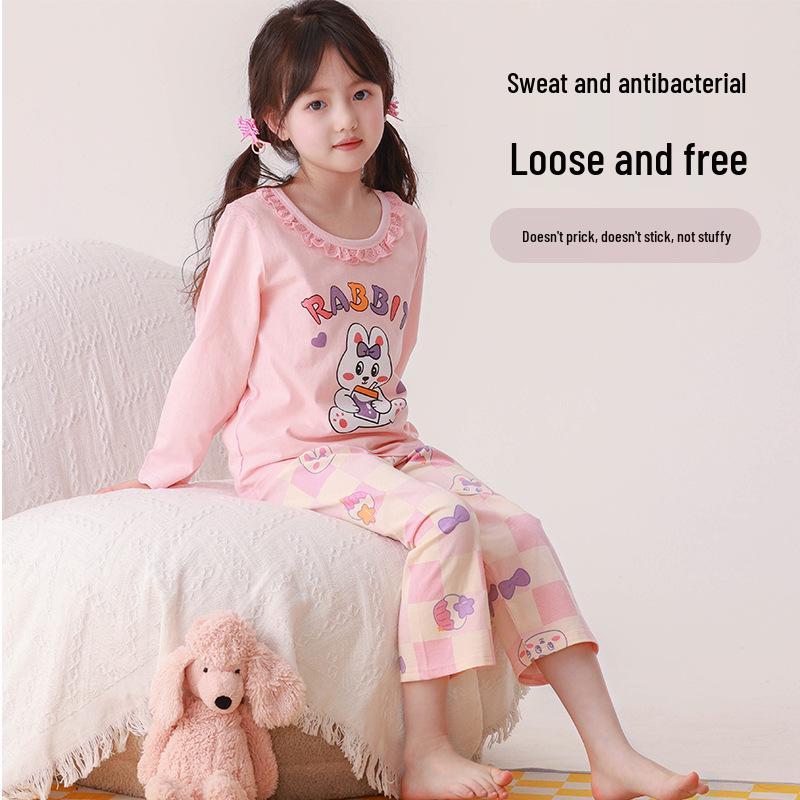 Girls' Summer Cotton Pajama Set - Long Sleeve & Pants, Antibacterial Homewear for Big Kids and Little Girls, Air Conditioning Suit.