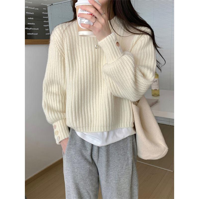 New autumn and winter solid color thickened lantern sleeve pullover sweater women's design sense fashion inside knitted sweater tide
