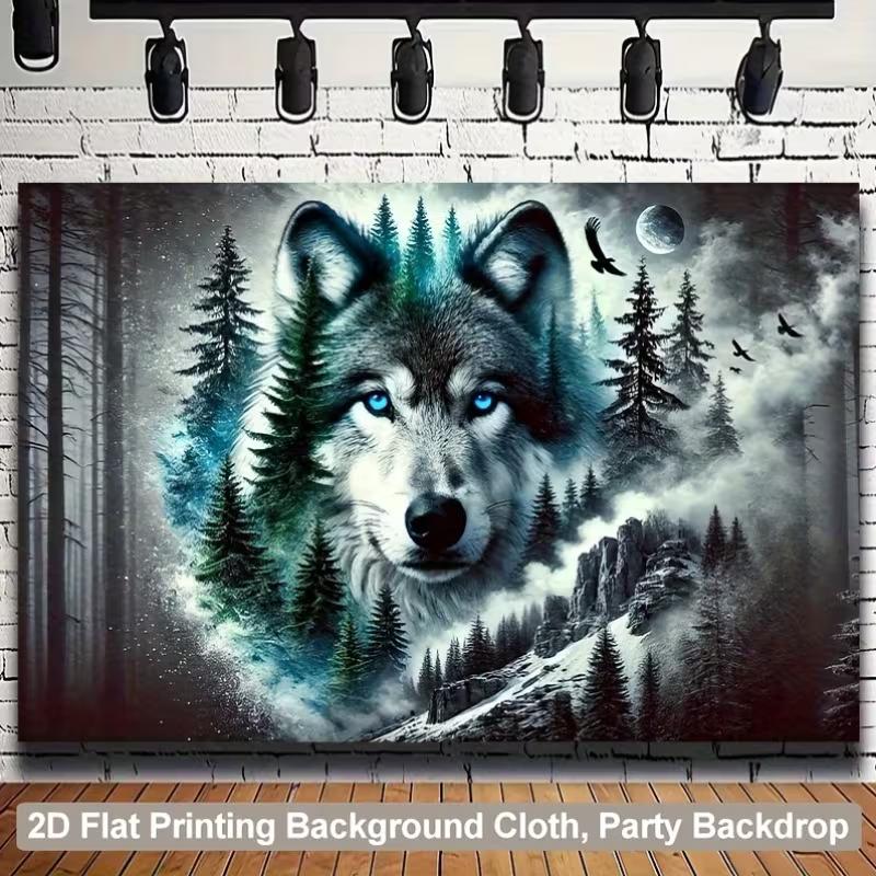 2D Blue Eyed Wolf Tapestry, Moonlit Forest Mountain Wall Hanging, Scenic Wildlife Decor