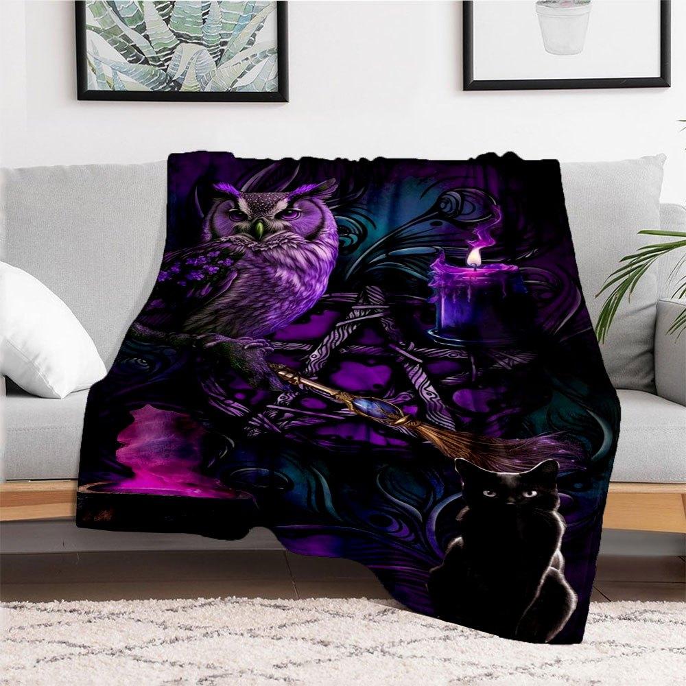 "Enchanted Purple Owl & Black Cat Witch Decor"Blanket Flannel Throw Blanket for Sofa, Bed, Travel, Camping, Office