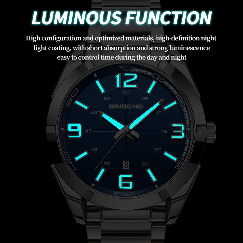 BINBOND Fashion Business Men Watches Stainless Steel Trend Week Calendar Quartz Watch Luminous Waterproof Quartz Watch for Men