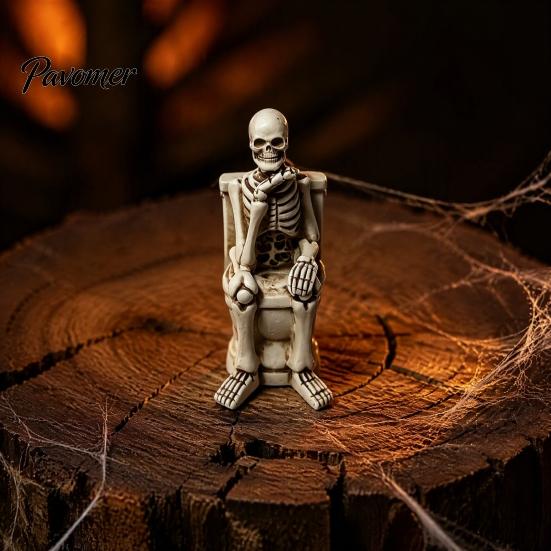 Halloween Statue Skeleton on Toilet Figurine, Funny Gothic Bathroom Statue, Spooky Creepy Home Accents Resin Ornament for Office Shelf Desk Decor Aged