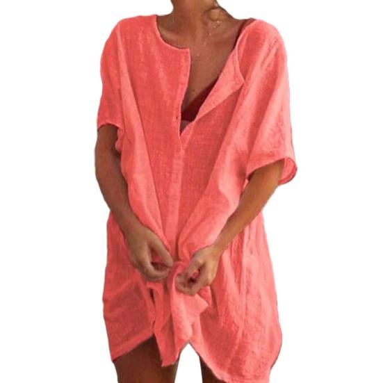 Plus Size Women Solid Color Short Sleeve V Neck Buttons Loose Shirt Mini Dress