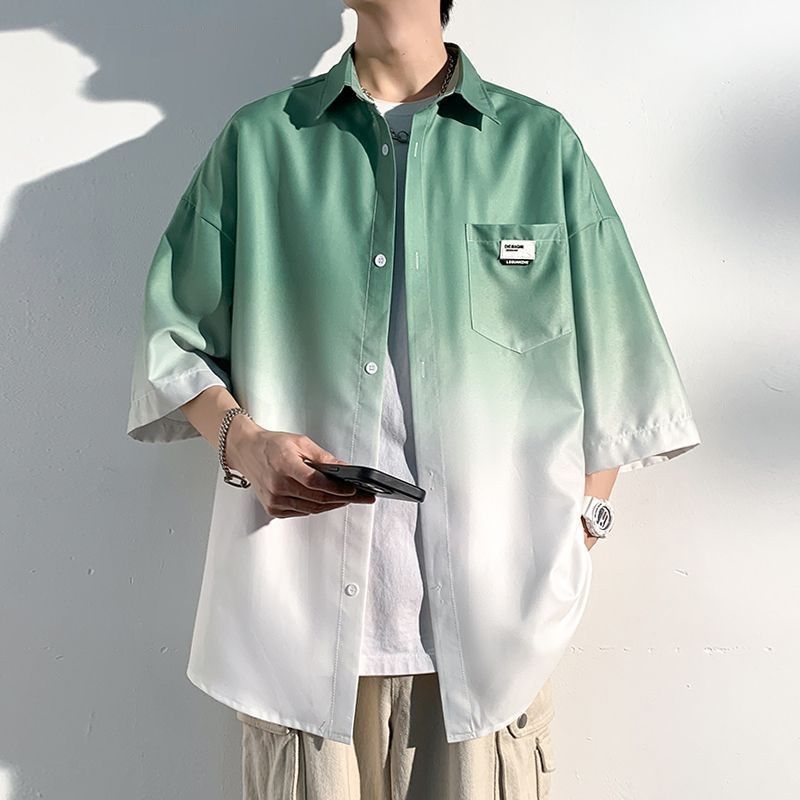 Black Pink Green Blue Men's Shirt Gradient Plicated Long Sleeve Shirts Loose Korean Shirt Fashion Casual Oversize Shirt Coat Clothing