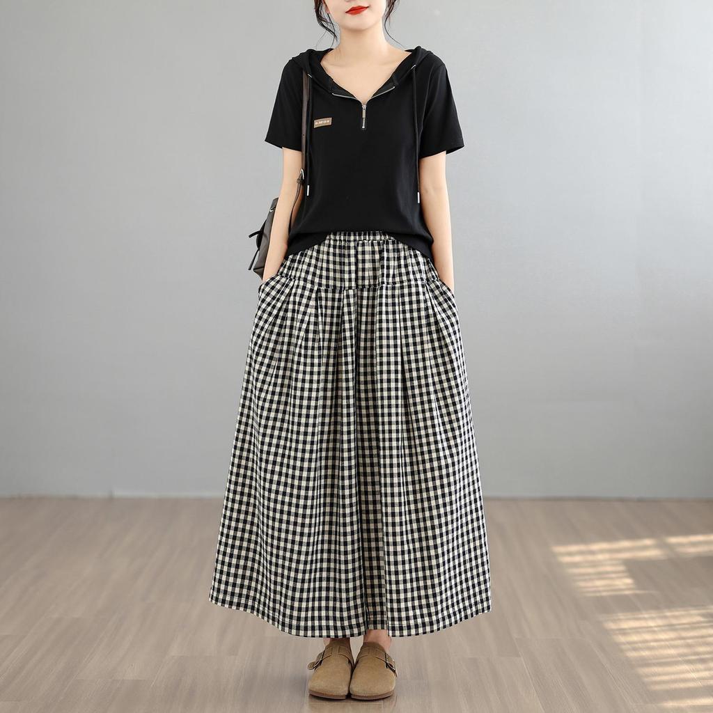 Plus size Vintage plaid high Waist Casual loose spring Summer wide leg Pants Women Trousers