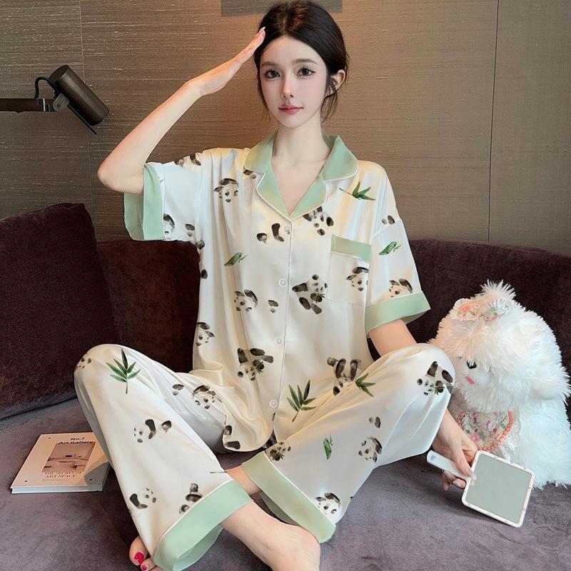 Guofeng Panda Luxury Ice Silk Satin Pajamas Women'S Loungewear Short Sleeve Pants Loungewear High Value Set