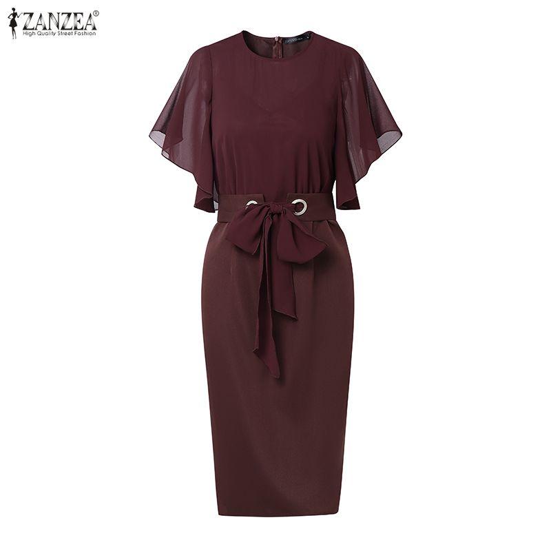 ZANZEA Women Elegant Casual Round Neck Short Sleeve Sheath Dress