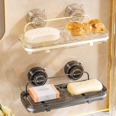 Punch-Free Wall-Mounted Suction Cup Soap Dish, Light Luxury Bathroom Rack, Double Compartment, Draining Storage